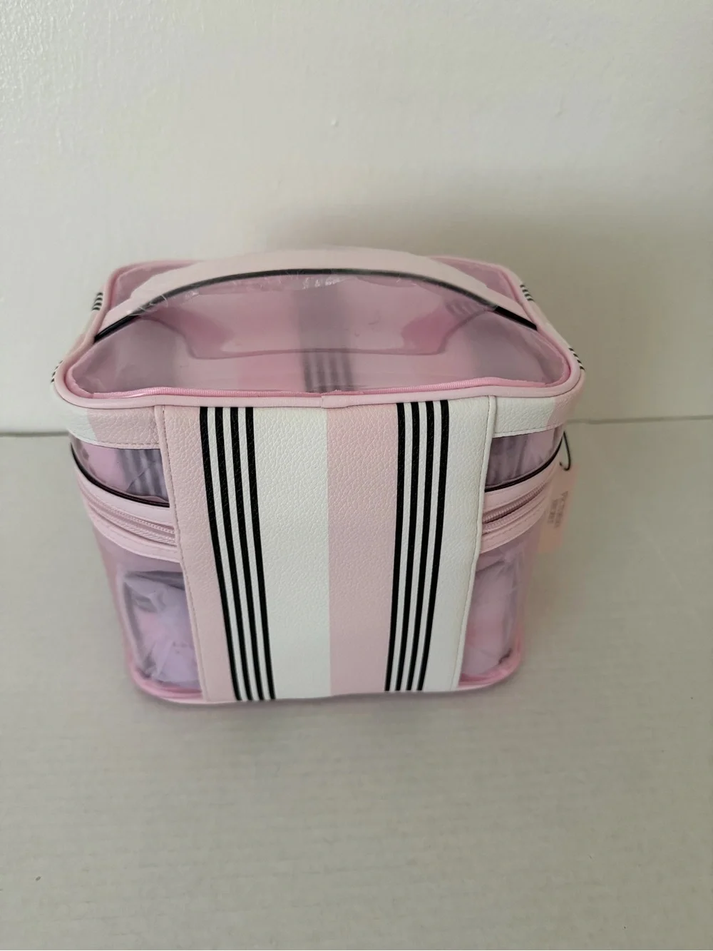 Victoria's Secret 4-piece Makeup Bag Train Case Iconic Pink Heritage Striped NWT